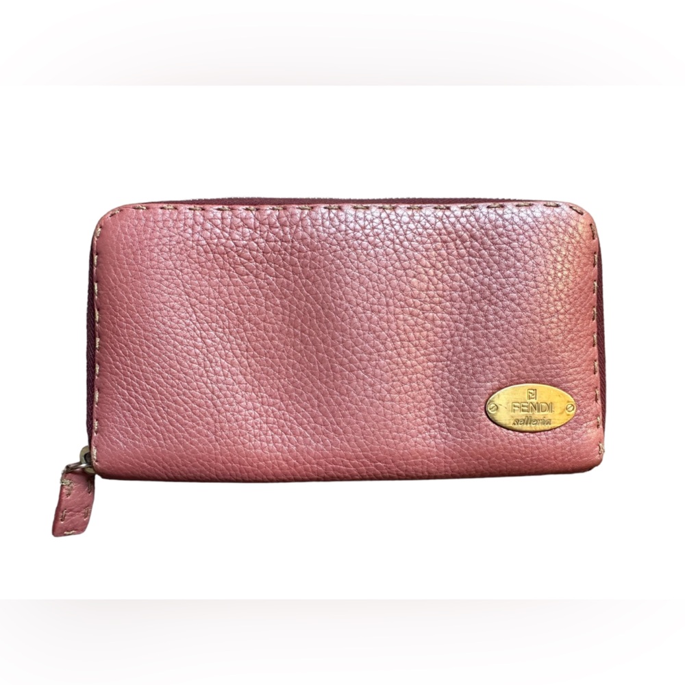 FENDI LIKE NEW SELLERIA METALLIC PINK PEBBLED LEATHER LONG ZIP AROUND WALLET